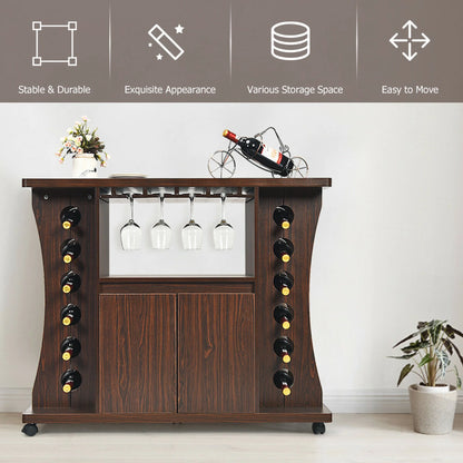 Gymax Rolling Buffet Sideboard Wooden Bar Storage Cabinet w/Wine Rack & Glass Holder