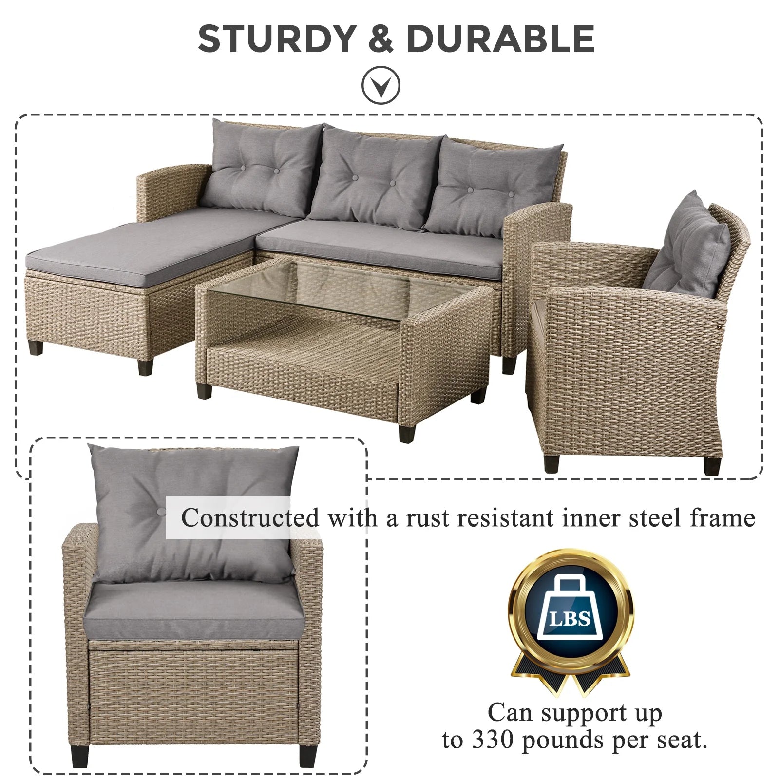 Rattan Patio Sofa Set, 4 Pieces Outdoor Sectional Furniture, All-Weather PE Rattan Wicker Patio Conversation, Cushioned Sofa Set with Glass Table for Patio Garden Poolside Deck