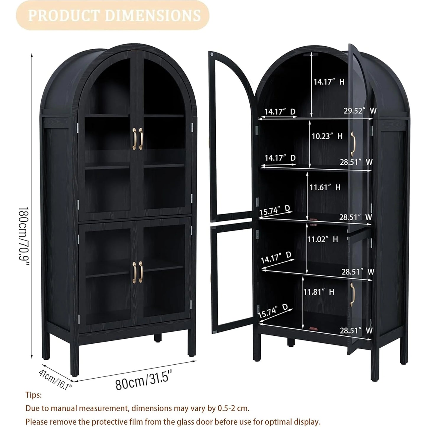 Fiogmub Tall Arched Storage Display Cabinet, Arched Pantry Cabinet with Doors, Acrylic Glass Doors