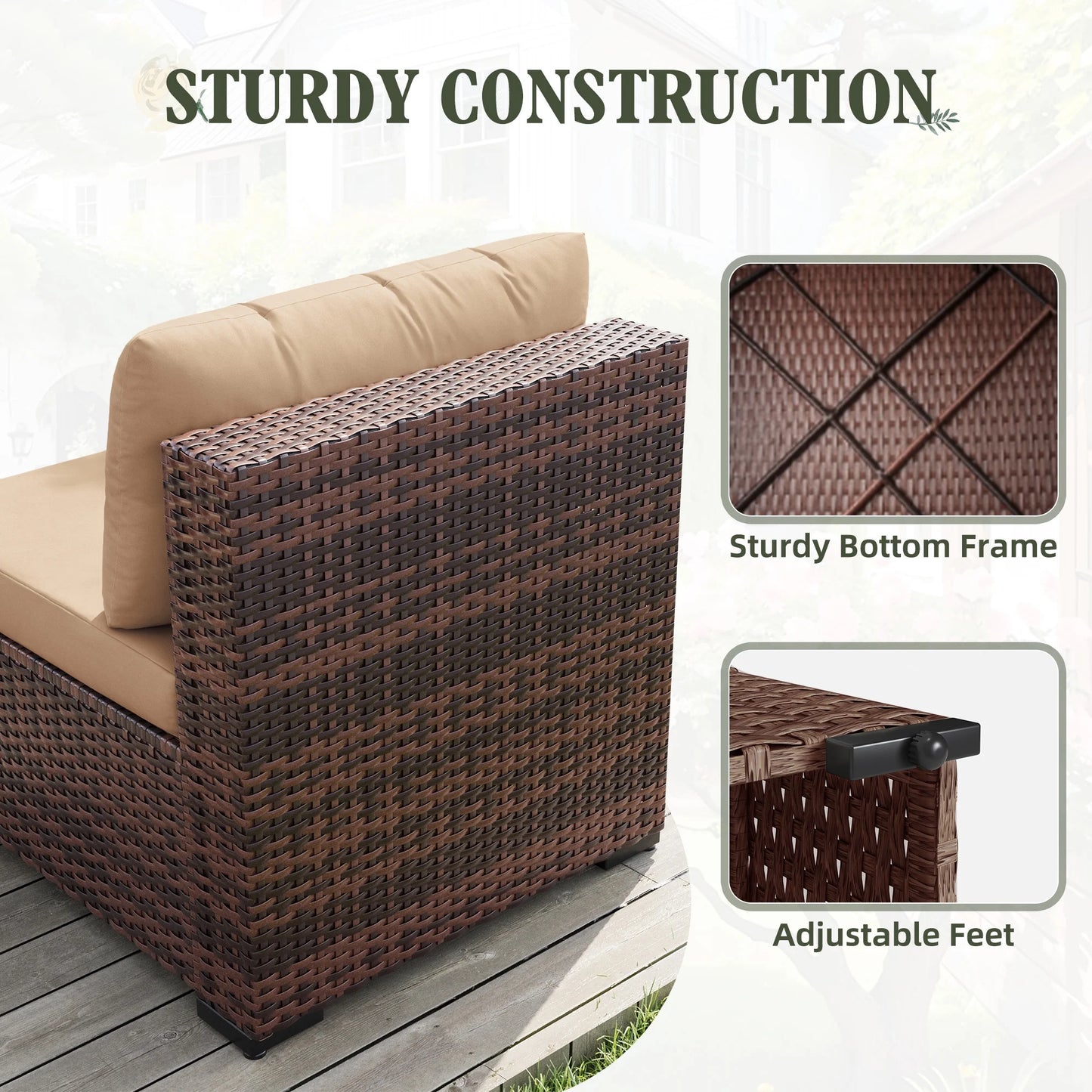 MRUAKA 5 Pieces Patio Furniture Set, Outdoor Furniture Sectional Rattan Sofa with Slanted Back, Patio Couch with Glass Coffee Table for Backyard Garden (Khaki)