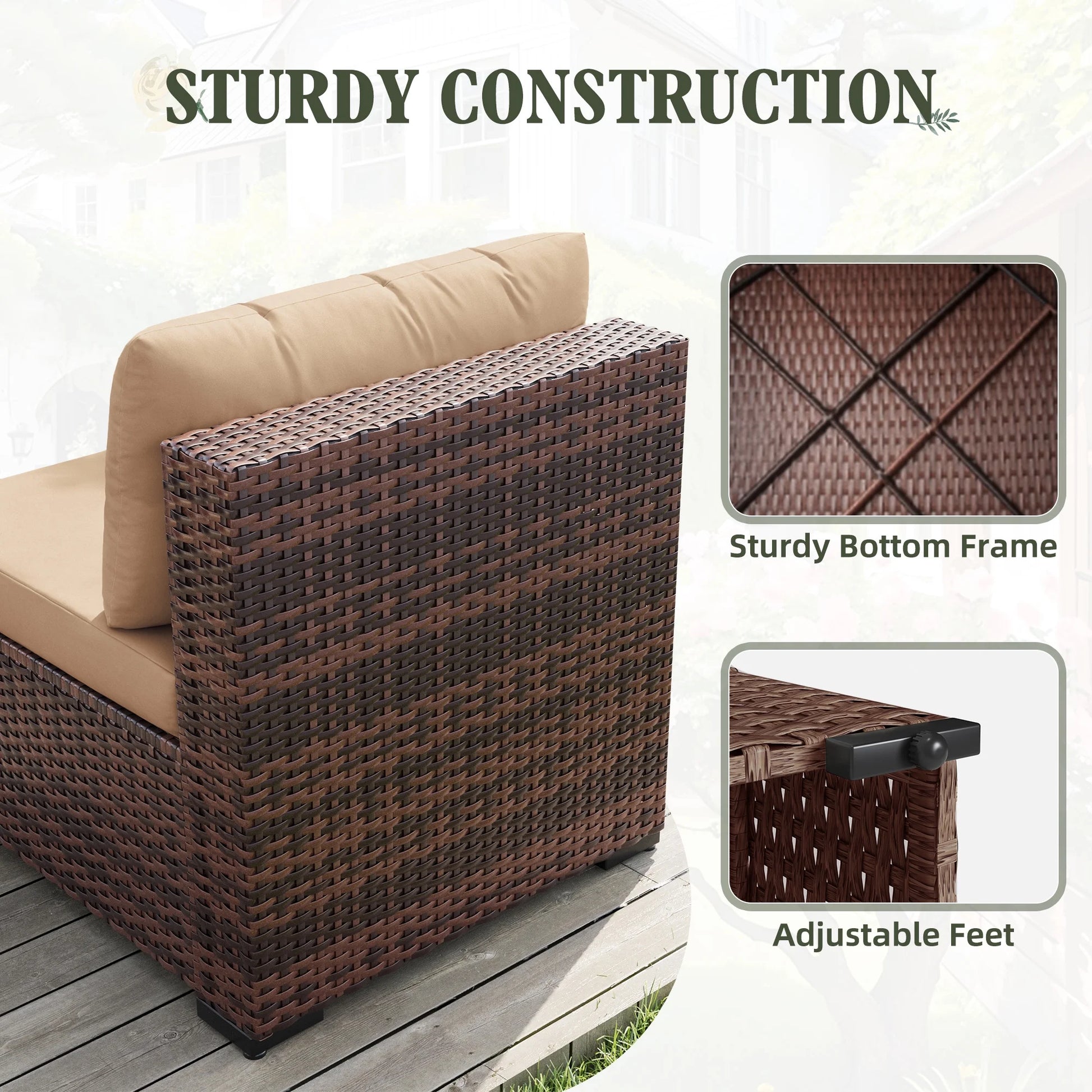 MRUAKA 5 Pieces Patio Furniture Set, Outdoor Furniture Sectional Rattan Sofa with Slanted Back, Patio Couch with Glass Coffee Table for Backyard Garden (Khaki)