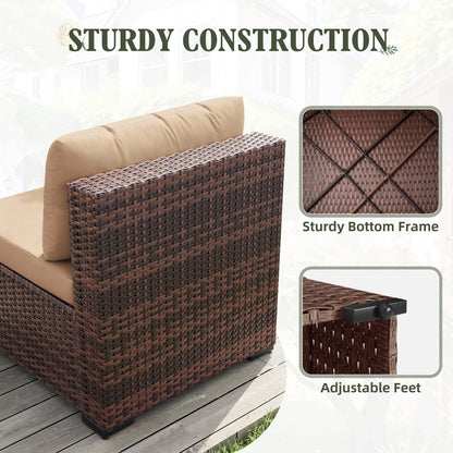 MRUAKA 5 Pieces Patio Furniture Set, Outdoor Furniture Sectional Rattan Sofa with Slanted Back, Patio Couch with Glass Coffee Table for Backyard Garden (Khaki)