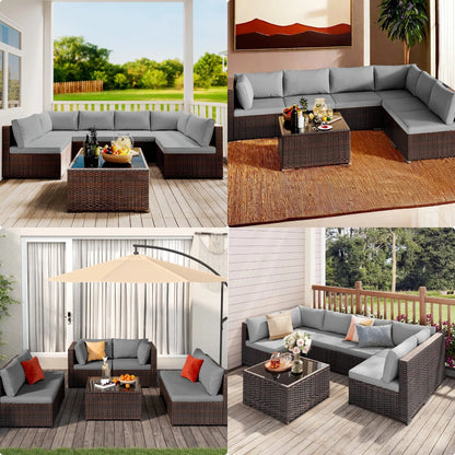 Patio Furniture Set Clearance Lofka Outdoor Sectional Furniture Sofa Set with Tempered Glass Table for Backyard, Garden & Poolside, Gray Cushions