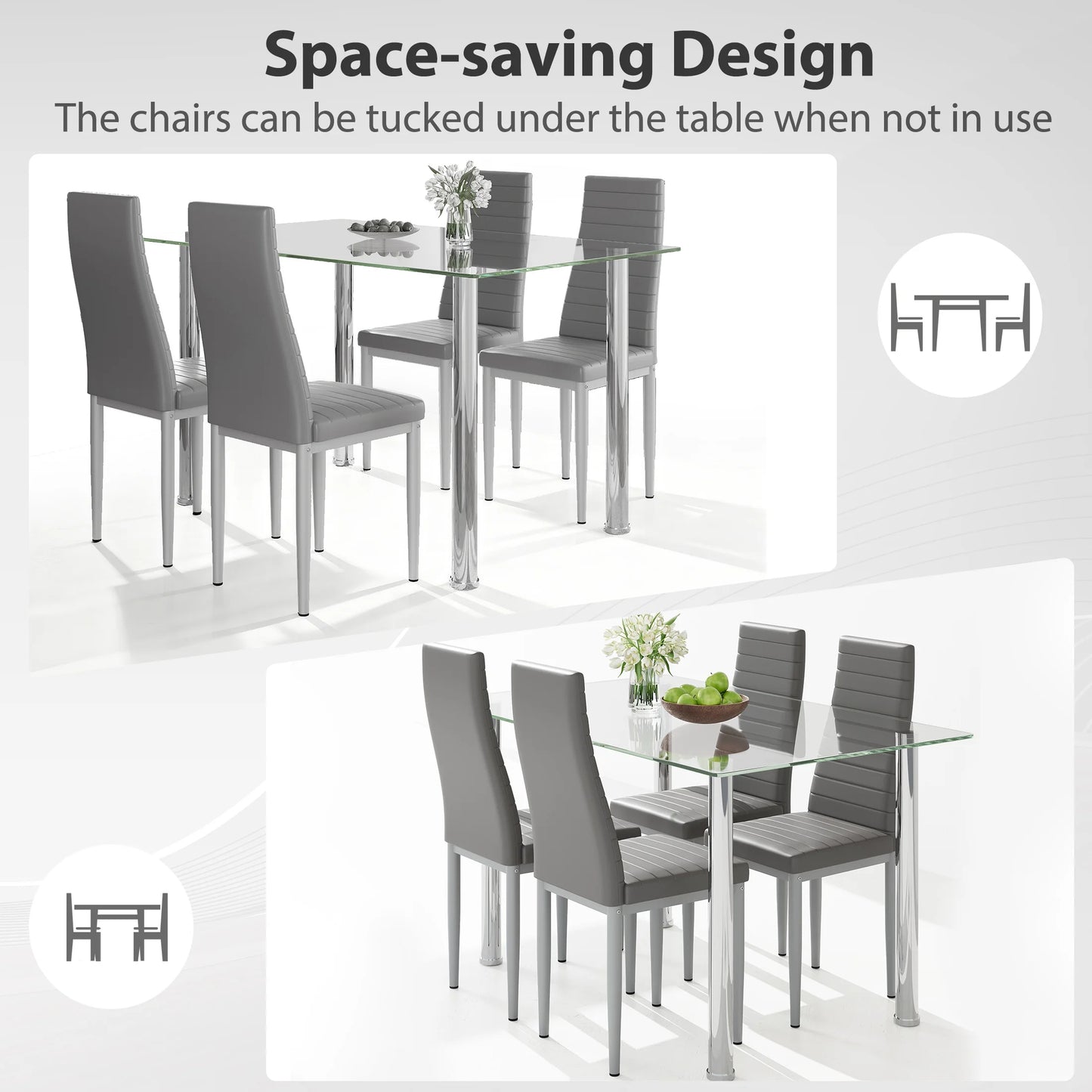 PAPROOS Dining Table Set for 4, Modern Kitchen Table Sets with Tempered Glass Dining Table and 4 PU Leather Chairs, Compact Dining Room Set for Small Space, Home Dinette Set for 4, Gray