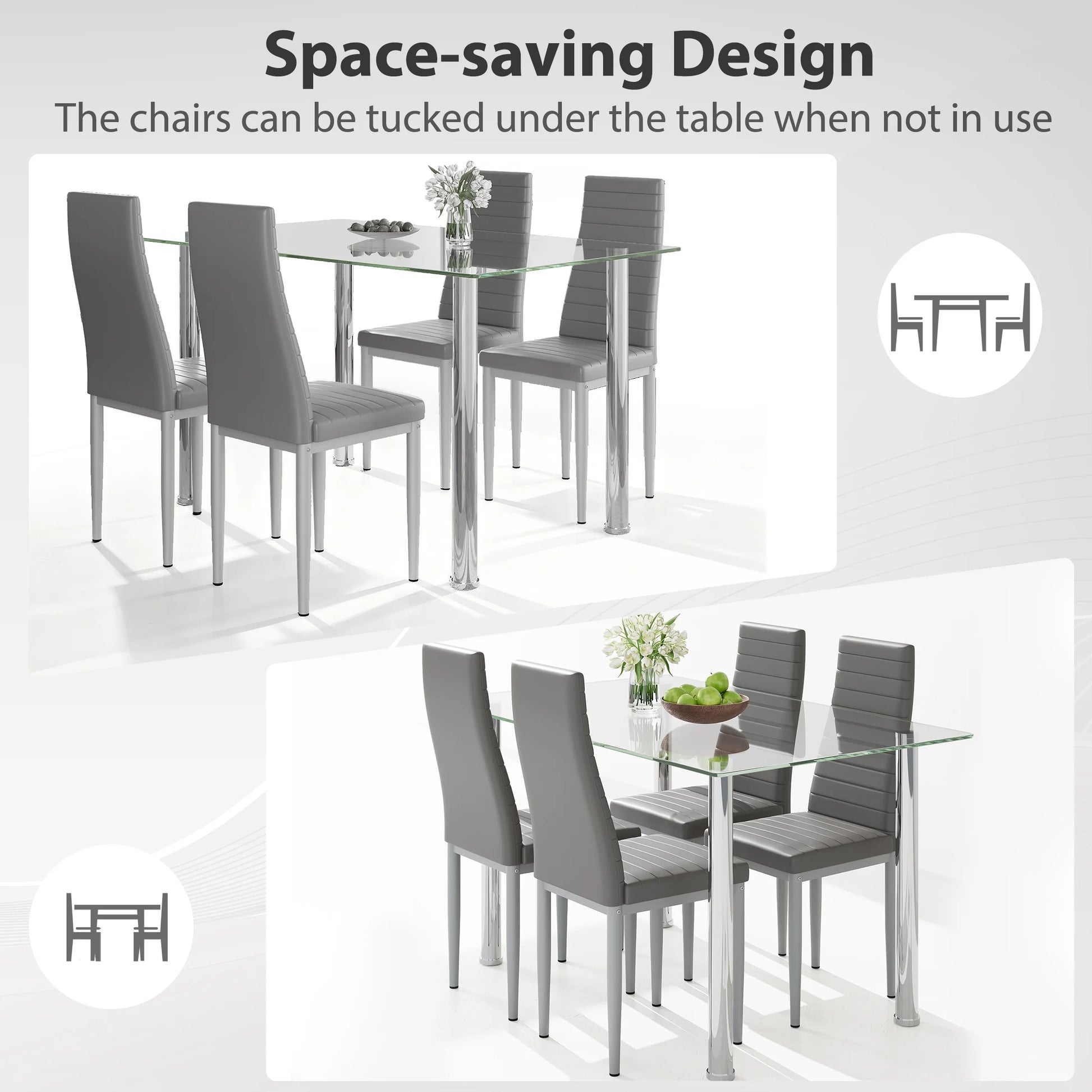 PAPROOS Dining Table Set for 4, Modern Kitchen Table Sets with Tempered Glass Dining Table and 4 PU Leather Chairs, Compact Dining Room Set for Small Space, Home Dinette Set for 4, Gray