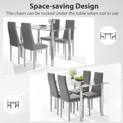 PAPROOS Dining Table Set for 4, Modern Kitchen Table Sets with Tempered Glass Dining Table and 4 PU Leather Chairs, Compact Dining Room Set for Small Space, Home Dinette Set for 4, Gray