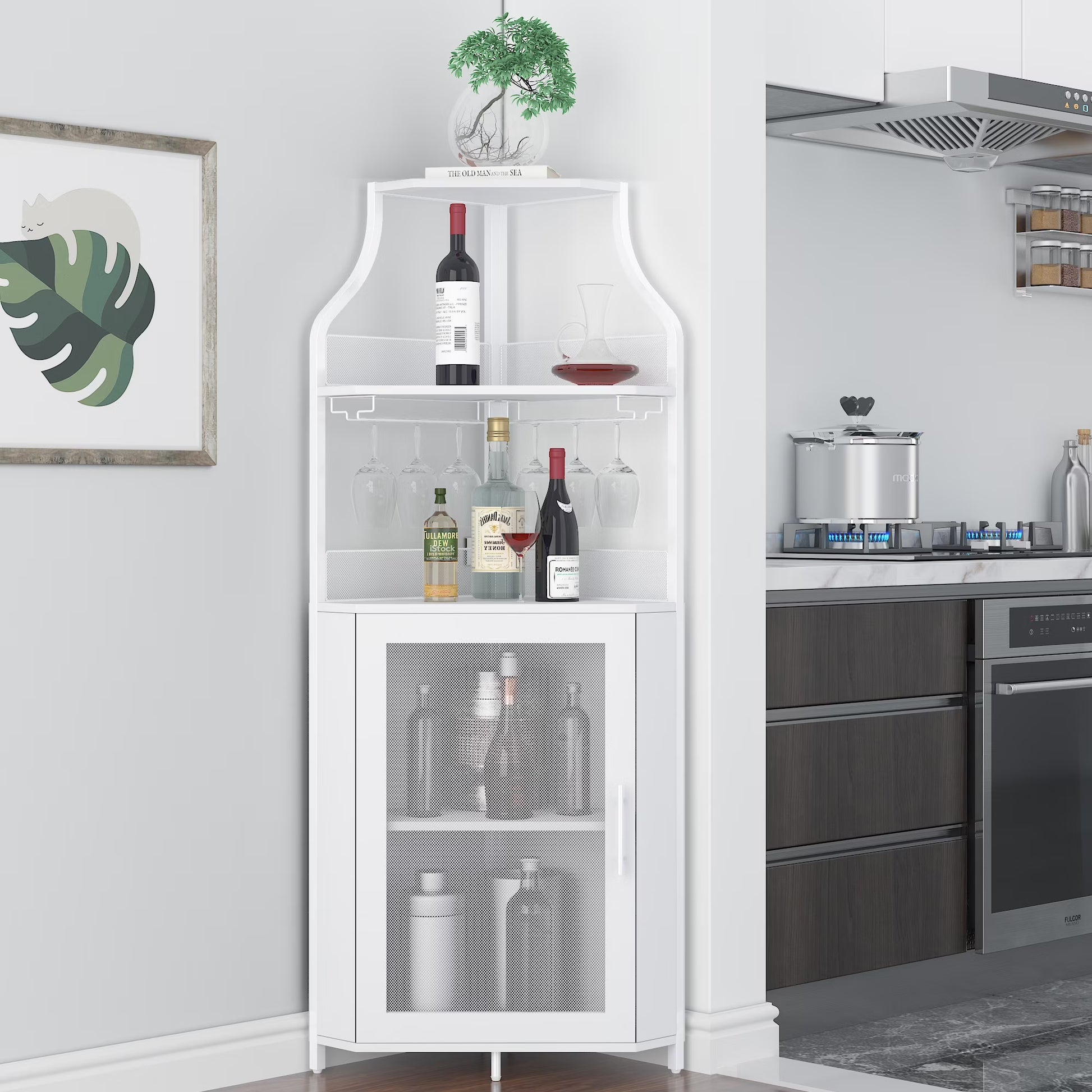 Joyspirit Farmhouse Corner Wine Cabinet, Rustic White Liquor and Coffee Bar Cabinet with Removable Wine Rack, Glass Holder, Mesh Door, and Adjustable Shelves.