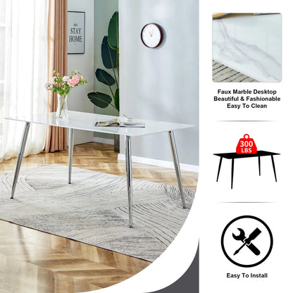 PWOPWOE Modern Minimalist Rectangular Glass Dining Table with 0.4 "White Imitation Marble Glass Sticker Desktop And Silver Metal Legs, suitable for Kitchens, Restaurants, And Living Rooms63"*35.4"*30"