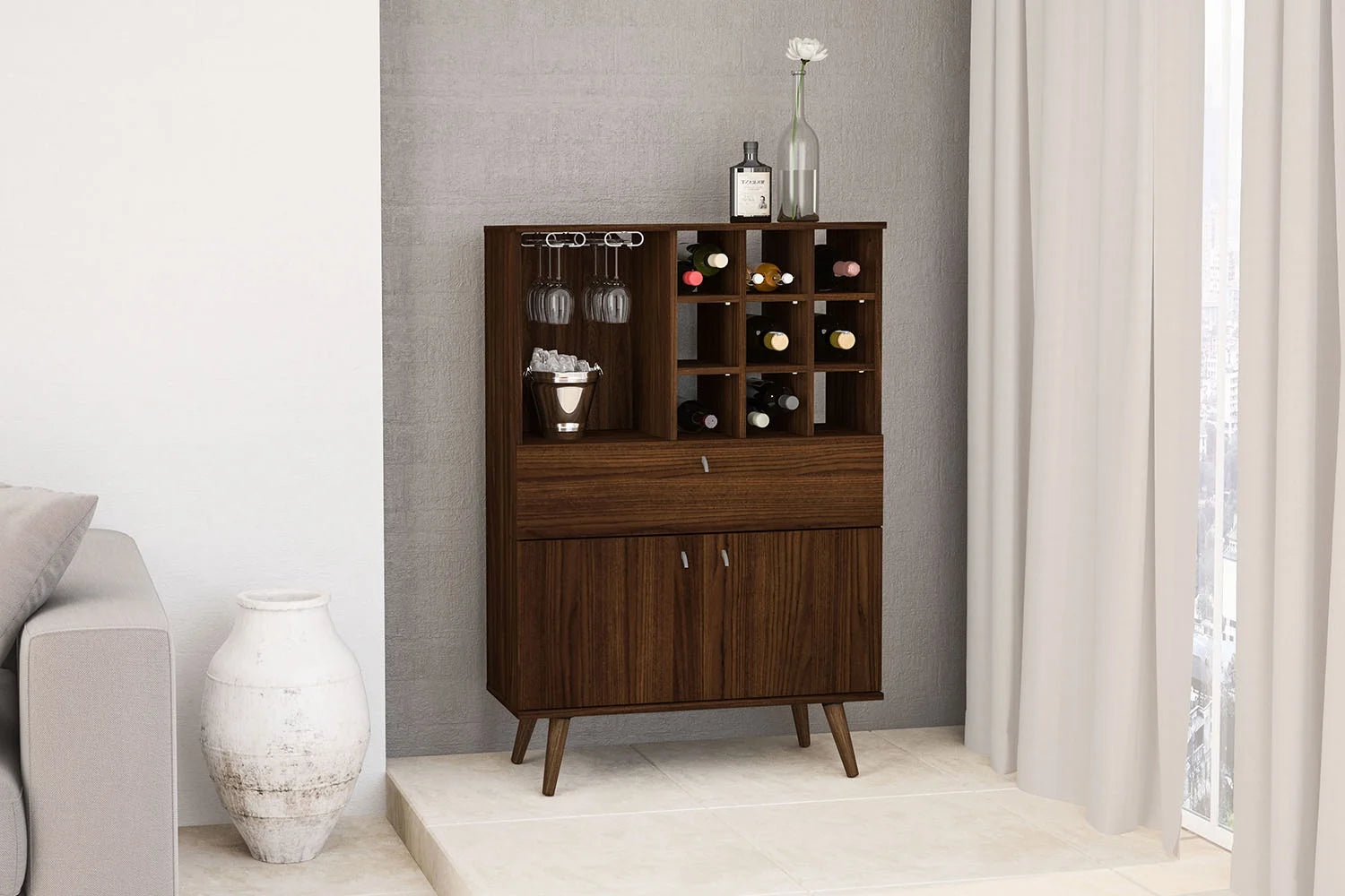 Polifurniture Salamanca Modern Bar Cabinet with Wine Rack and Glass Holder, Walnut