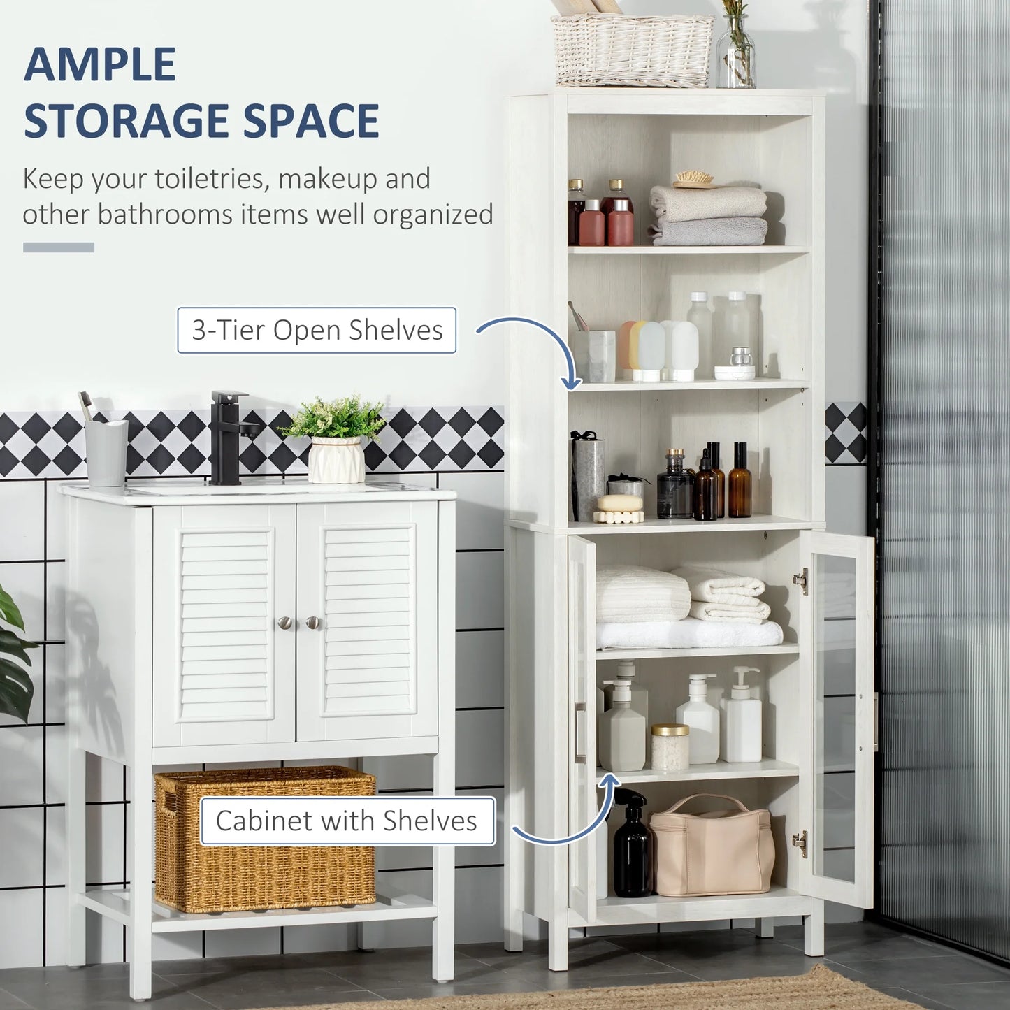 kleankin Tall Bathroom Storage Cabinet with 3 Tier Shelf, Glass Door Cabinet, Freestanding Linen Tower with Adjustable Shelves, Antique White
