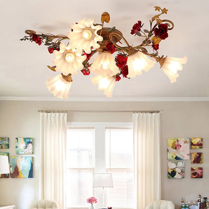 Lakiq Vintage Style Flower Glass Semi Flush Mount Ceiling Light Red Rose Decor Metal Ceiling Lamp for Living Room,7-light