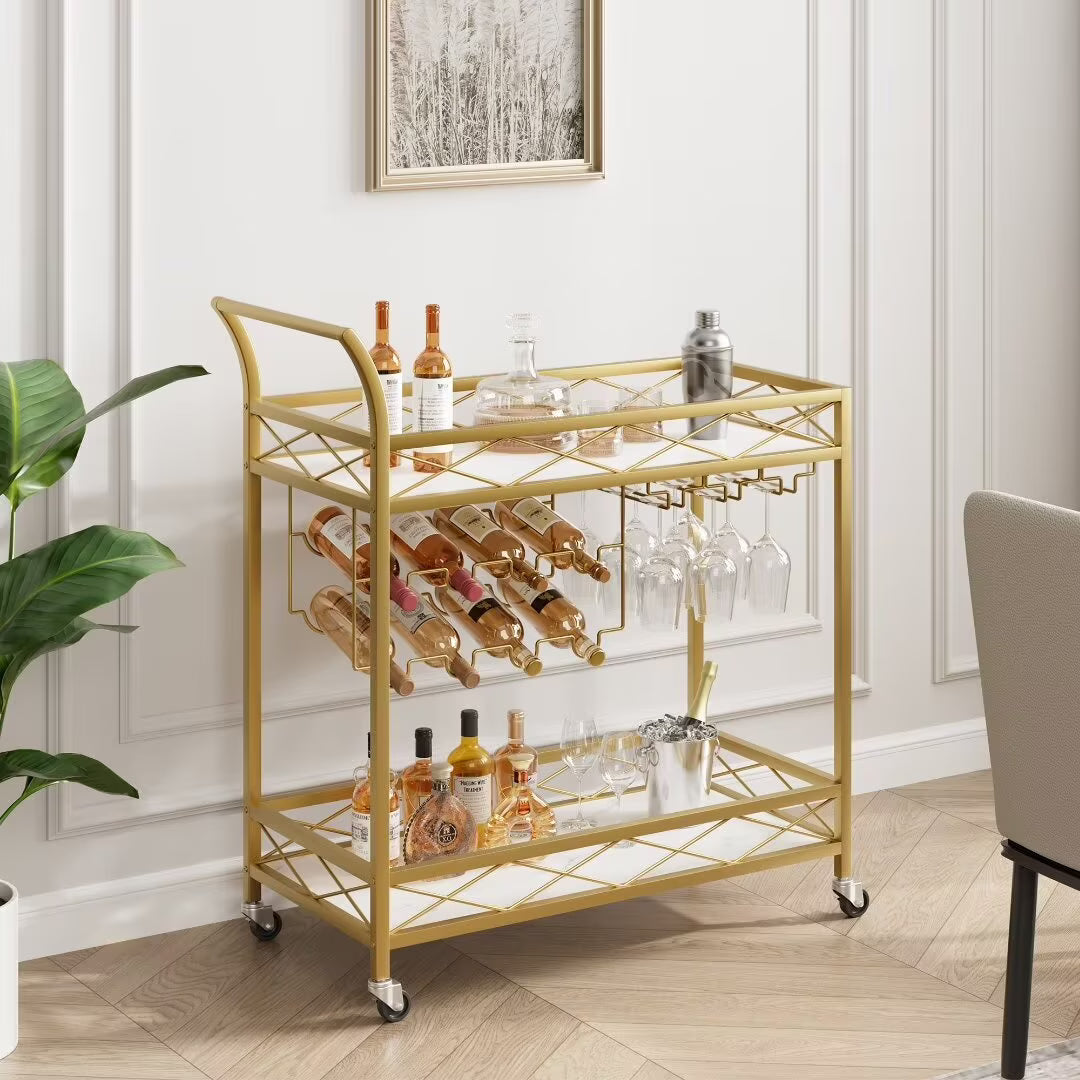 Gold Bar Cart for the Home, 2 Tier Bar Carts with Wheels & Wine Rack & Glass Holder for Living Room, Dining Room