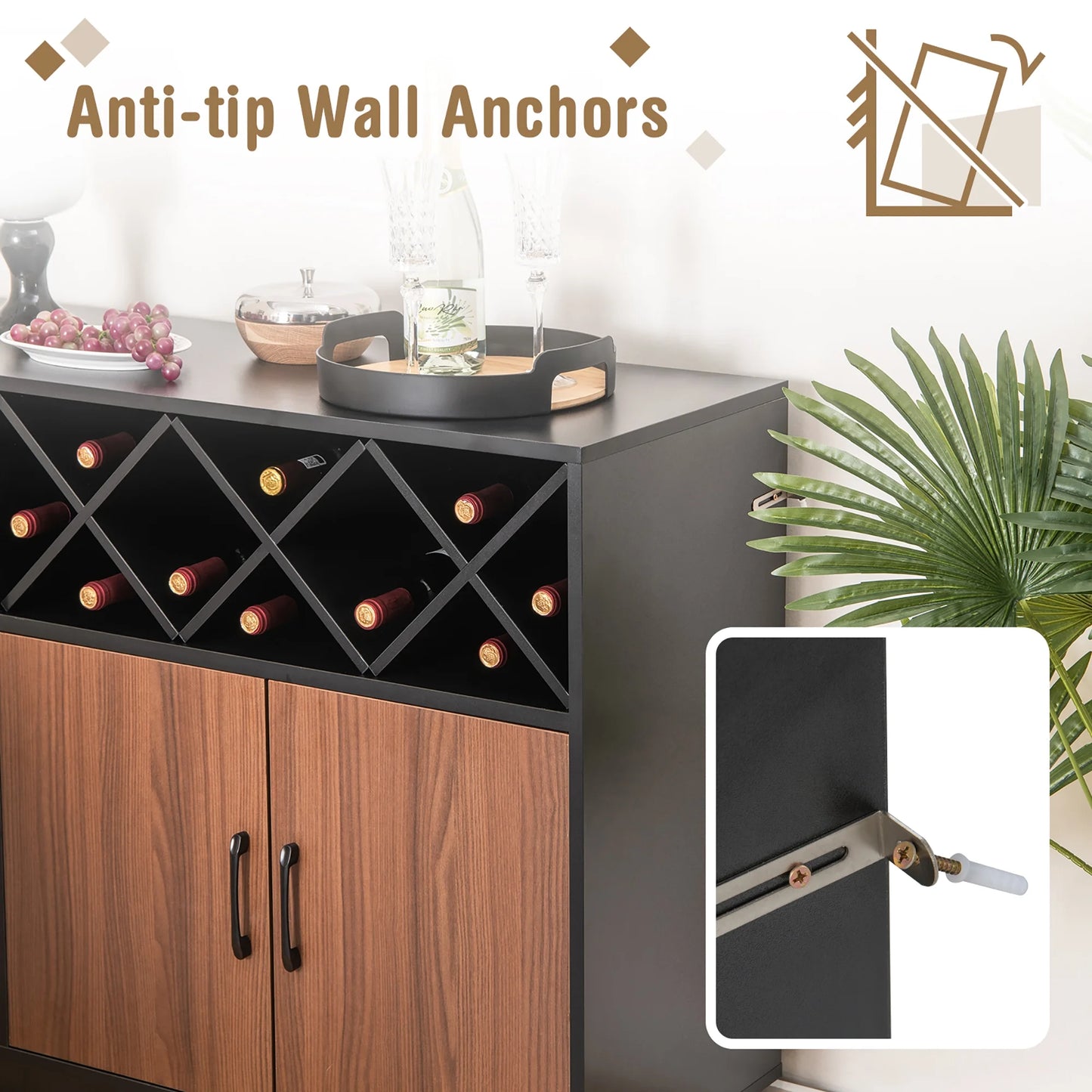 Costway Industrial Wine Bar Cabinet Sideboard Buffet with Glass Holder & Adjustable Shelf