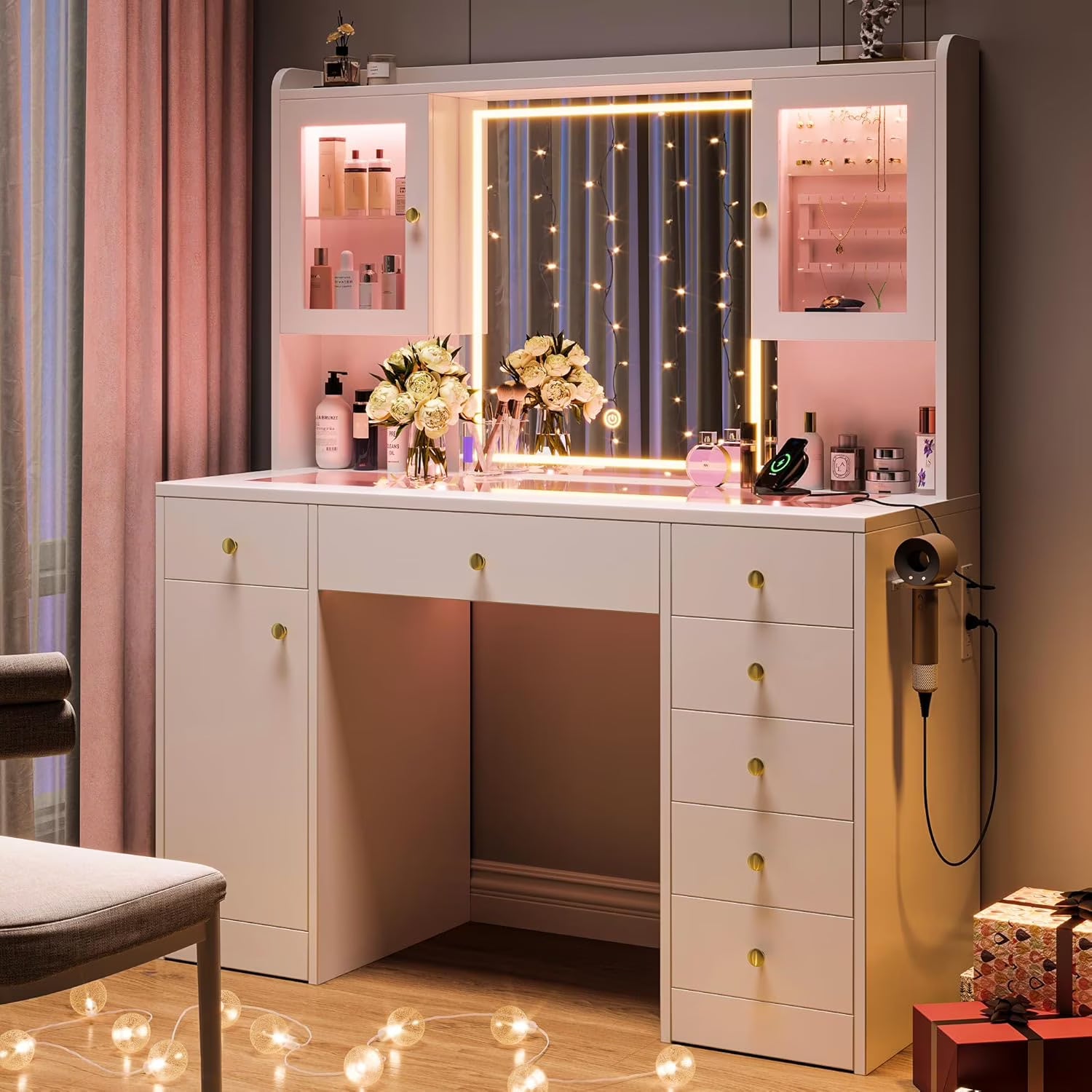 iPormis Vanity Desk with Mirror and Lights, Glass Top Makeup Vanity with RGB Light and Charging Station for Girls , White