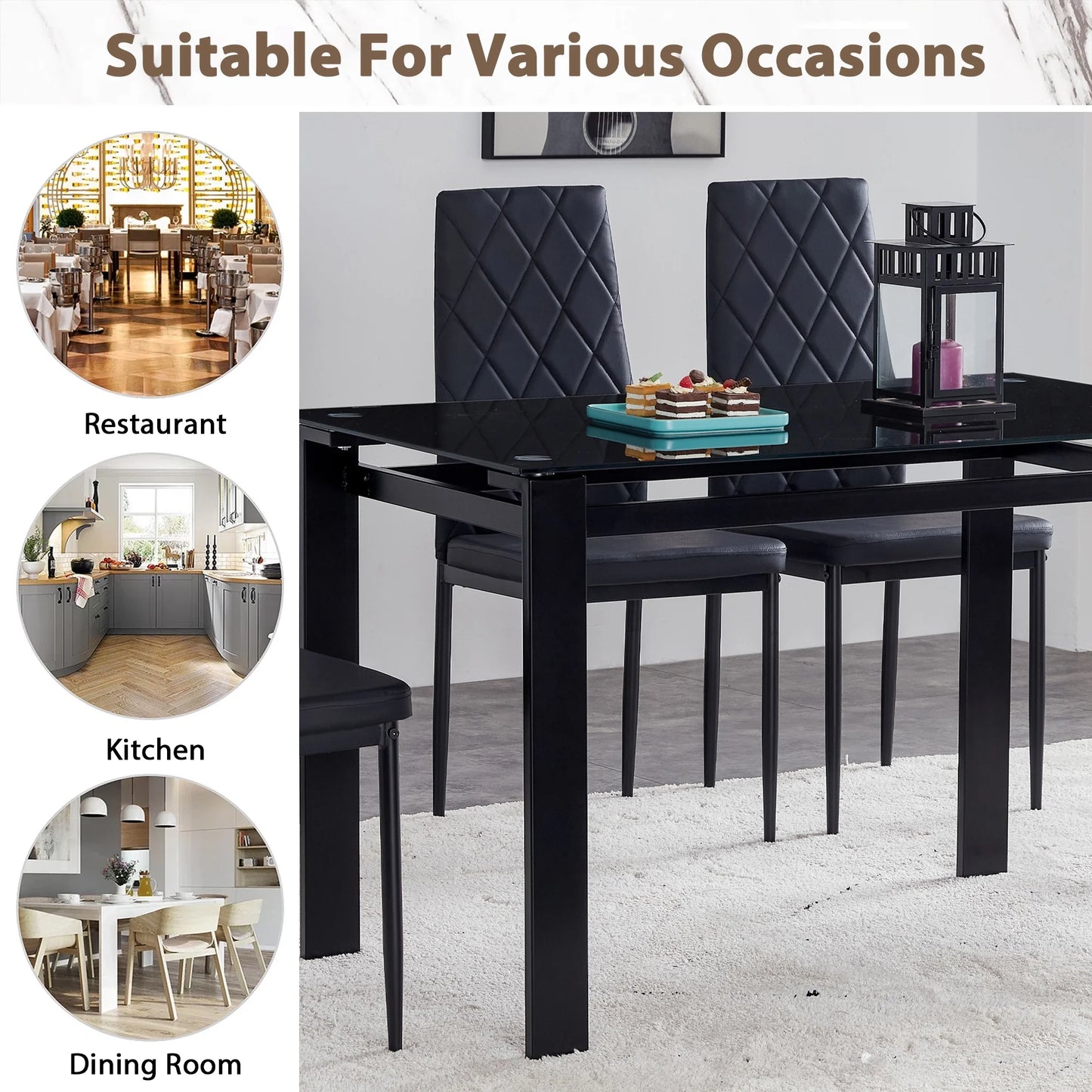 Aukfa 5-Piece Dining Table Set for Dining Room, Kitchen, Dinette, w/Glass Tabletop, 4 Faux Leather Metal Frame Chairs - Black