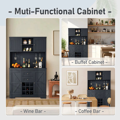 Bellemave 73.8"H Farmhouse Coffee Bar Cabinet with Shelves and Drawers Buffet Cabinet Wine Cabinet with Glass Holder and Wine Rack Tall Kitchen Cabinet for Dining Room, Antique Blue