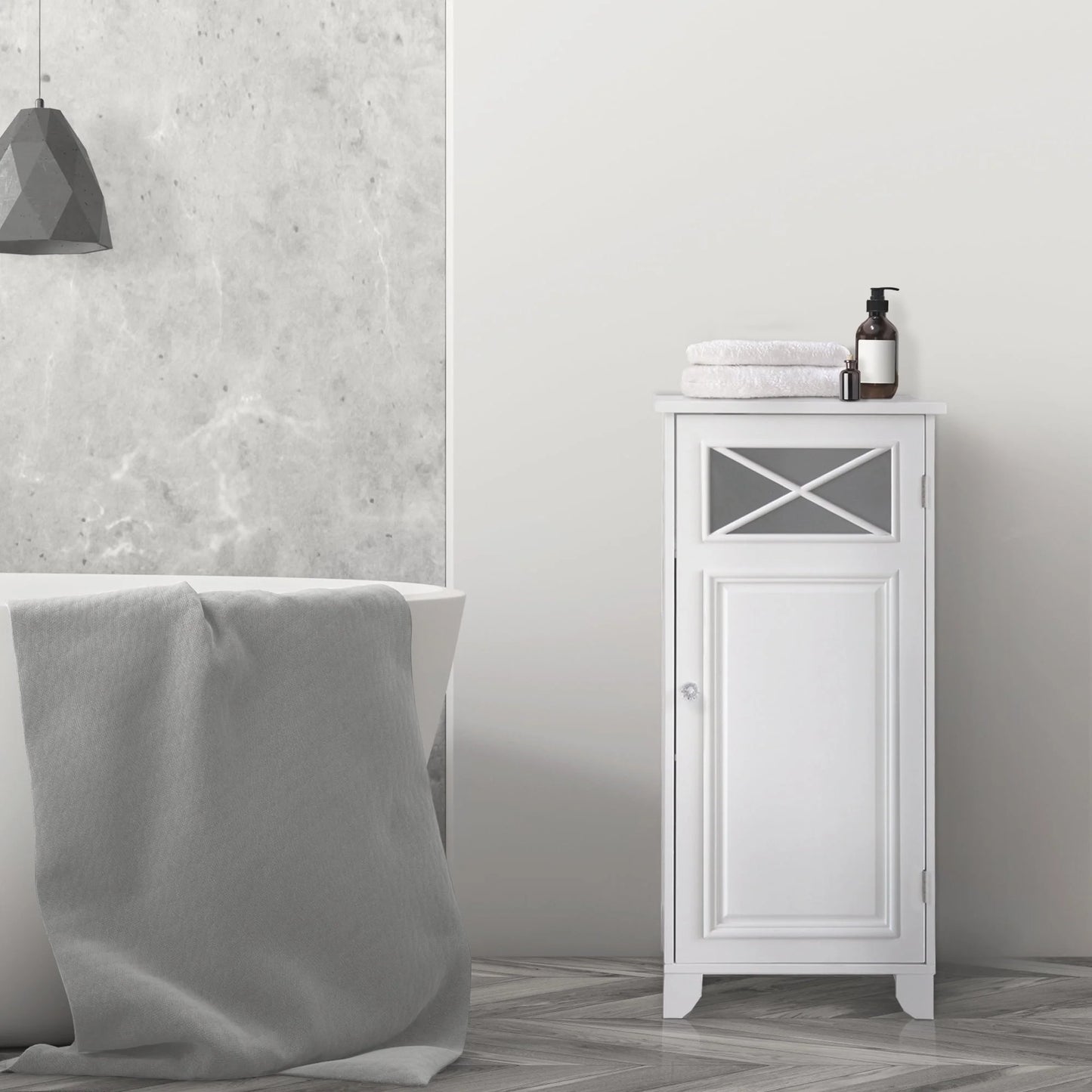 Teamson Home Dawson Freestanding Floor Storage Accent Cabinet with Decorative Glass Panel, White