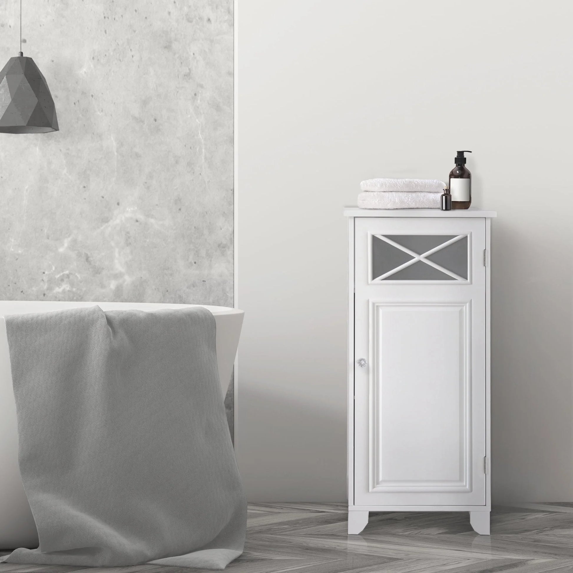 Teamson Home Dawson Freestanding Floor Storage Accent Cabinet with Decorative Glass Panel, White