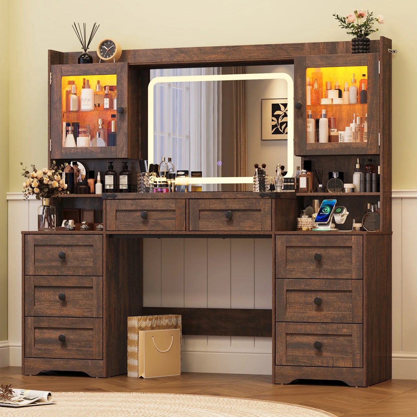 ANPOO 60" Farmhouse Vanity Desk with Outlet, Mirror Lights, Tempered Glass Top, Big Makeup Vanity Table with 2 RGB Glass Cabinets, 60000-color LED Lights, Wood Makeup Desk for Women, Girls, Brown