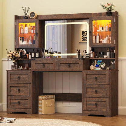 ANPOO 60" Farmhouse Vanity Desk with Outlet, Mirror Lights, Tempered Glass Top, Big Makeup Vanity Table with 2 RGB Glass Cabinets, 60000-color LED Lights, Wood Makeup Desk for Women, Girls, Brown