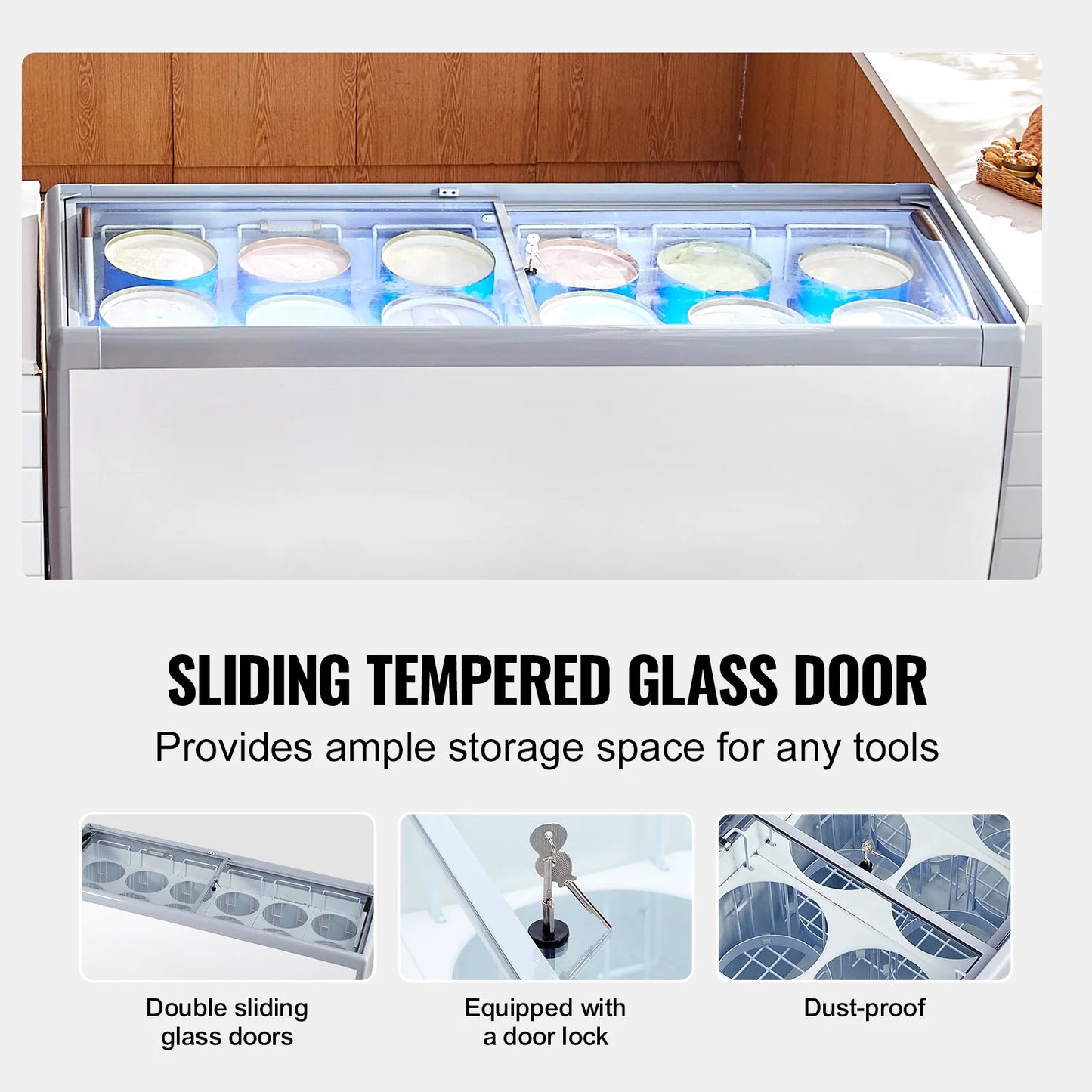 KFFKFF Professional Ice Cream Showcase, 20 Cu.ft Storage Freezer, Portable Transparent Lid Deep Freezer, Diner Sorbet Serving Cabinet with 12 Spacious Tubs,Dual Slide Glass Doors,Secure Casters,White