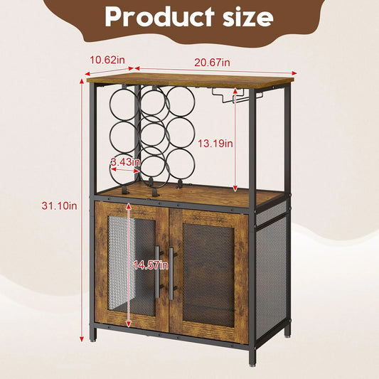 Bar Cabinet with Detachable Wine Rack, Liquor Stand for Home Bar, Mini Table with Glass Holder, Small Sideboard with Mesh Door, Storage Cabinet for Wine, Whiskey, Rustic Brown