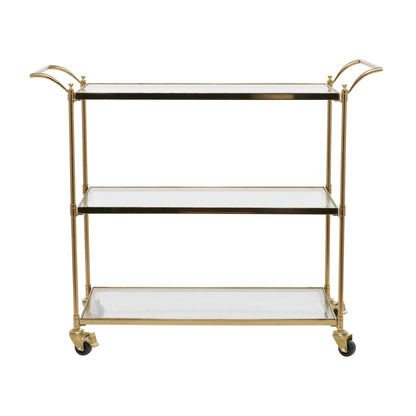 DecMode Traditional 3 Tier Gold Metal Bar Cart with Transparent Glass Shelves, 38"W x 31"H