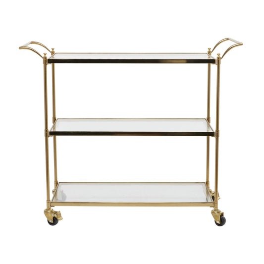 DecMode Traditional 3 Tier Gold Metal Bar Cart with Transparent Glass Shelves, 38"W x 31"H