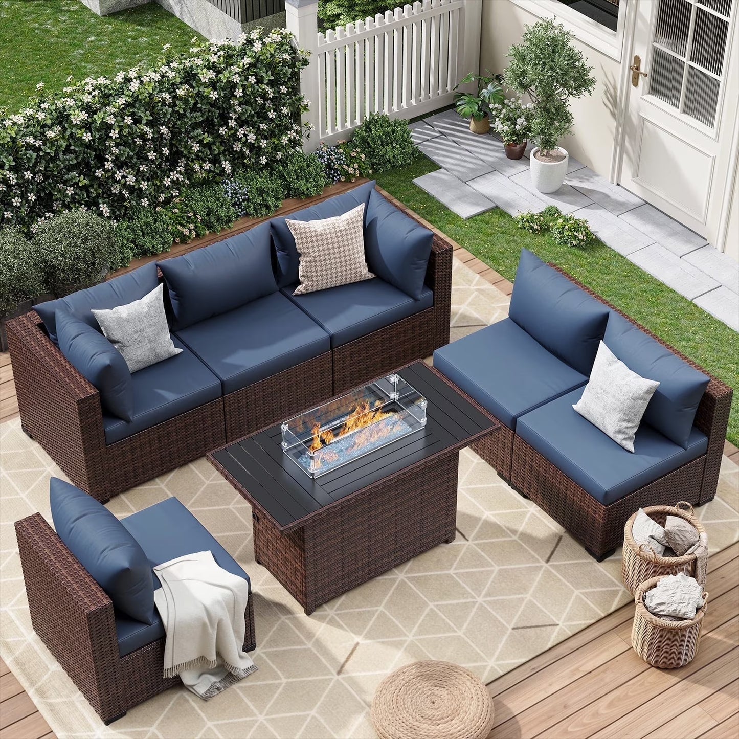 ELPOSUN 7 Pieces Patio Furniture Set All Weather Outdoor Sectional Sofa, Outdoor Modern Sectional Furniture Wicker Couch with Glass Coffee Table, Thicken Red Cushions, Water Resistant