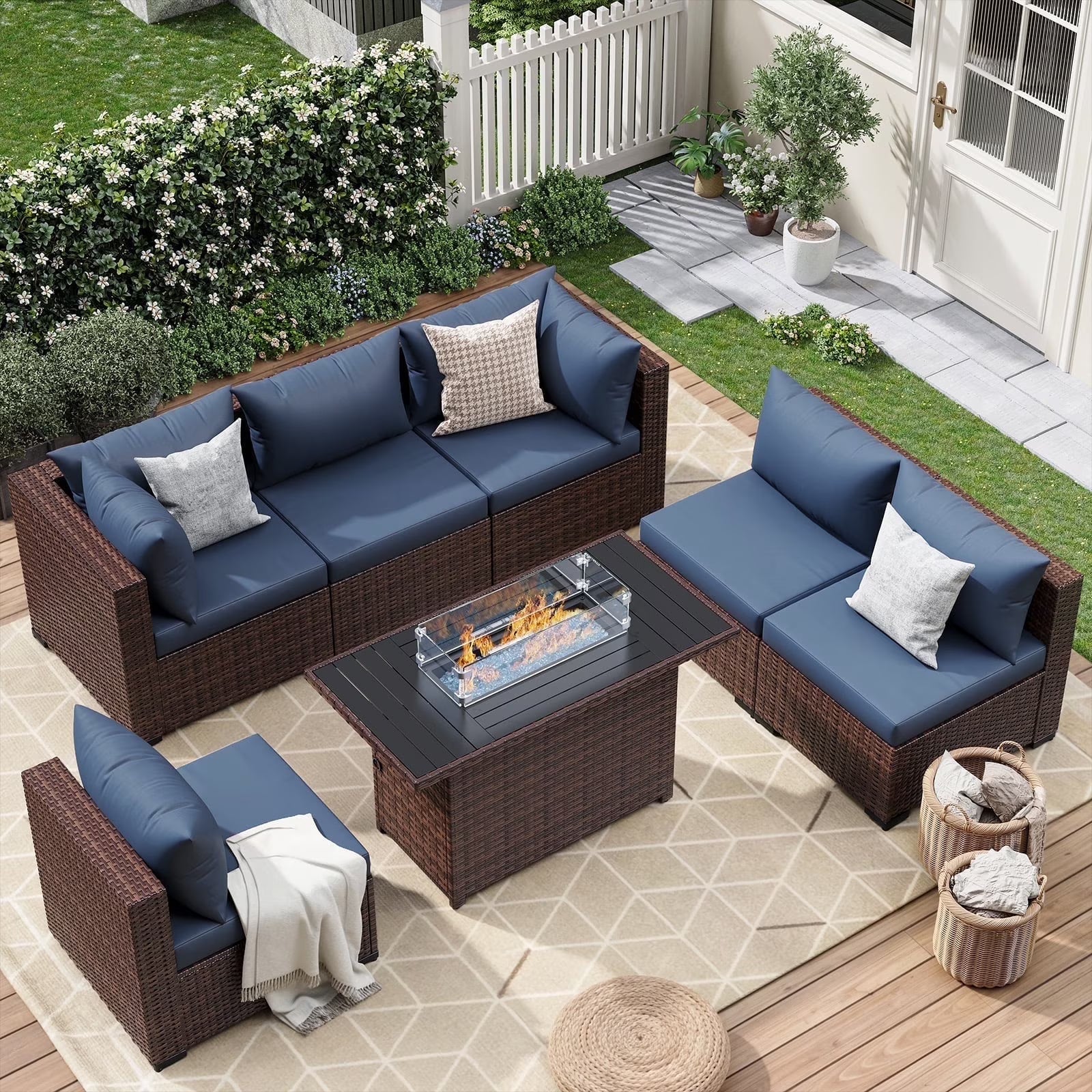 ELPOSUN 7 Pieces Patio Furniture Set All Weather Outdoor Sectional Sofa, Outdoor Modern Sectional Furniture Wicker Couch with Glass Coffee Table, Thicken Red Cushions, Water Resistant