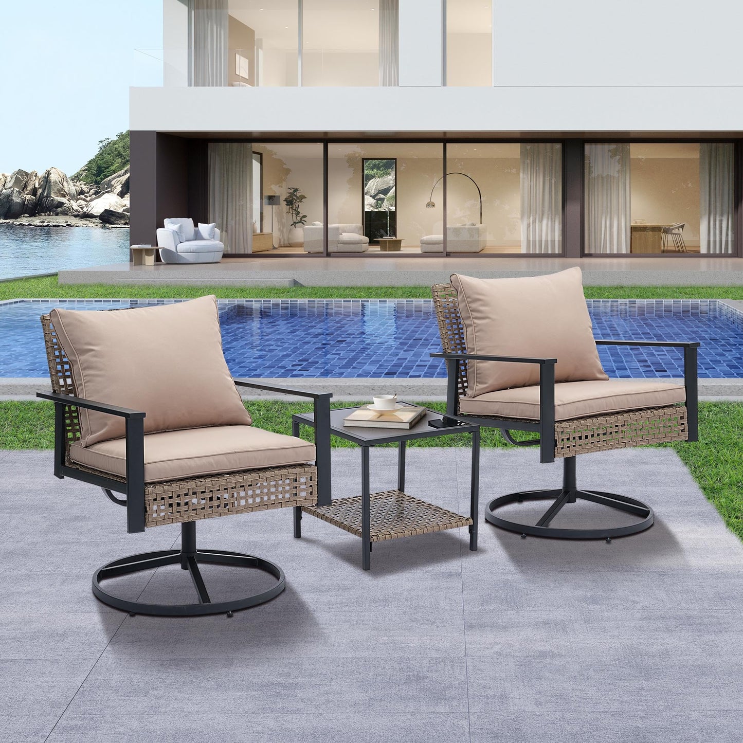 Ainfox Premium Patio Swivel Bistro Set,3-Piece Ourdoor Furniture Set,Wicker Rattan Coversation Rocking Chairs w/Glass Top Table & Cushions,Khaki
