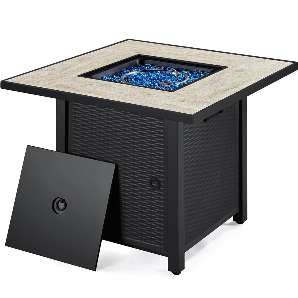 Topeakmart 30'' Outdoor Square Propane Fire Pit Table 50,000 BTU Gas w/Ceramic Rattan Pattern Steel Base Glass Black
