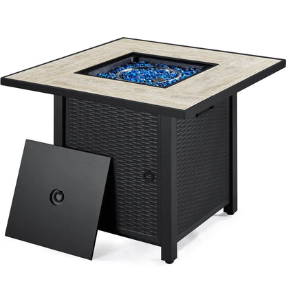 Topeakmart 30'' Outdoor Square Propane Fire Pit Table 50,000 BTU Gas w/Ceramic Rattan Pattern Steel Base Glass Black