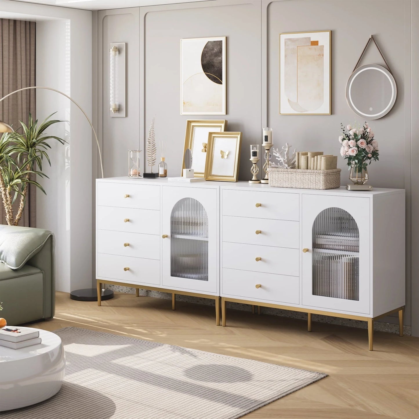 Homfa 4 Drawer Storage Cabinet, Modern Wooden Cupboard with Frosted Glass for Living Room, White Finish