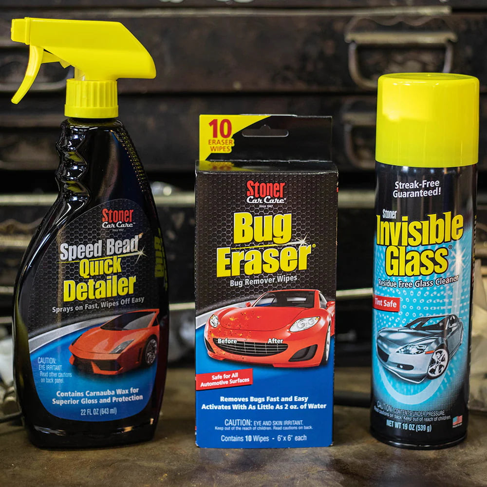 Stoner Car Care 99004 Car Show Touch-Up 6-Piece Kit for Automotive Detailing with Speed Bead Quick Detailer for Shine and Gloss, Grime Eraser, Invisible Glass Premium Glass Cleaner, Three Microfibers