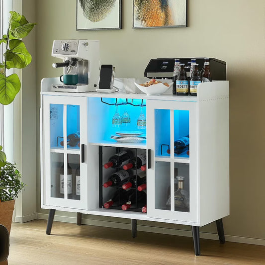 Spaco Coffee Bar Cabinet with LED light, Liquor Cabinet with Power Outlet, Wine Cabinets with Glass Holder, Sideboard Buffet Cabinets with Storage, Bar Cabinet for Kitchen Dining Room, White