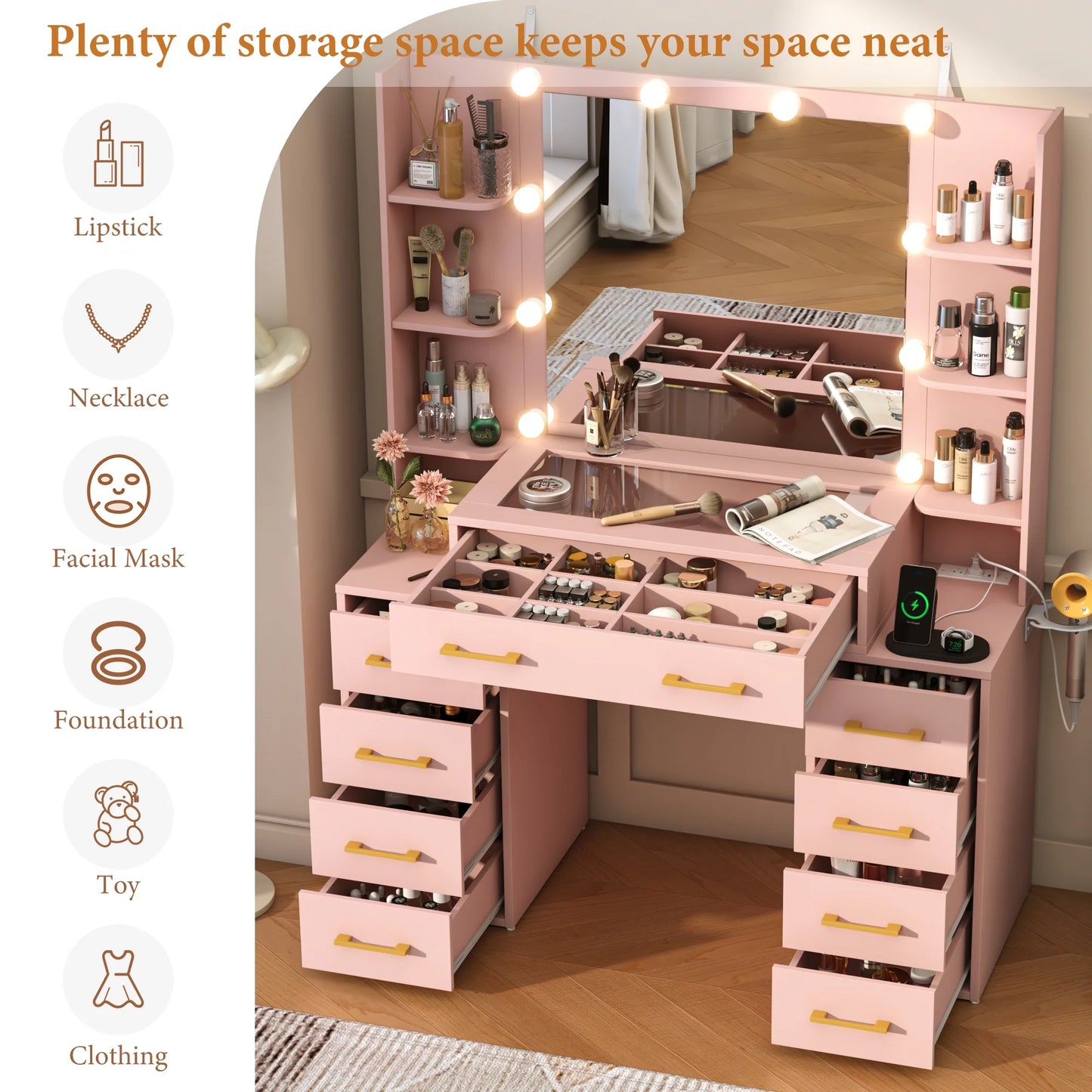 White Vanity Desk with Mirror & LED Lights, Glass Top Vanity Desk with Charging Station & Compartment Storage Drawers, 43" Large Makeup Vanity Table with 9 Drawers & 6 Shelves