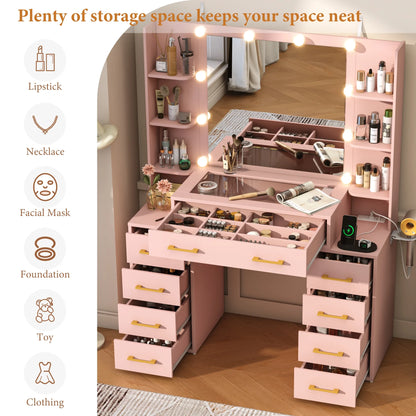 White Vanity Desk with Mirror & LED Lights, Glass Top Vanity Desk with Charging Station & Compartment Storage Drawers, 43" Large Makeup Vanity Table with 9 Drawers & 6 Shelves