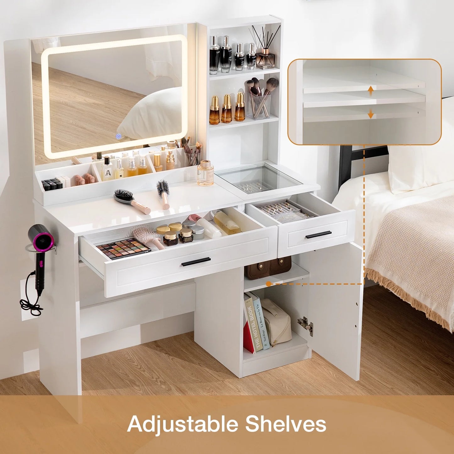 Hommpa Vanity Desk, Makeup Vanity with LED Lighted Mirror Vanity with Glass Top Drawers Vanity Table with Charging Station for Girls Bedroom Large Storage Cabinet Shelves, White