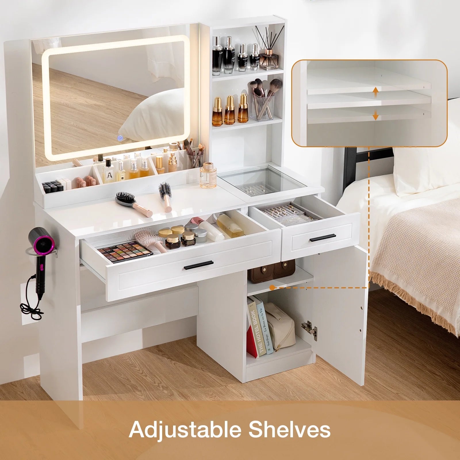 Hommpa Vanity Desk, Makeup Vanity with LED Lighted Mirror Vanity with Glass Top Drawers Vanity Table with Charging Station for Girls Bedroom Large Storage Cabinet Shelves, White