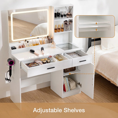 Hommpa Vanity Desk, Makeup Vanity with LED Lighted Mirror Vanity with Glass Top Drawers Vanity Table with Charging Station for Girls Bedroom Large Storage Cabinet Shelves, White
