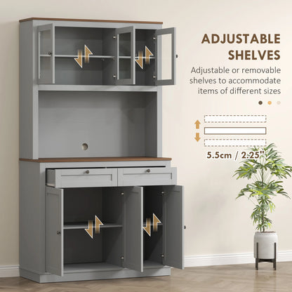 HOMCOM 71" Tall Kitchen Pantry Storage Cabinet with 2 Drawers, Microwave Cabinet with Adjustable Shelves and Glass Doors, Gray