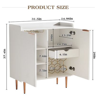ERYTLLY Coffee Bar Cabinet with Wine Rack & Glass Holder, Kitchen Sideboard Buffet Cabinet with Storage,Wine Bar Cabinet with Fluted Doors for Living Room Dining, White
