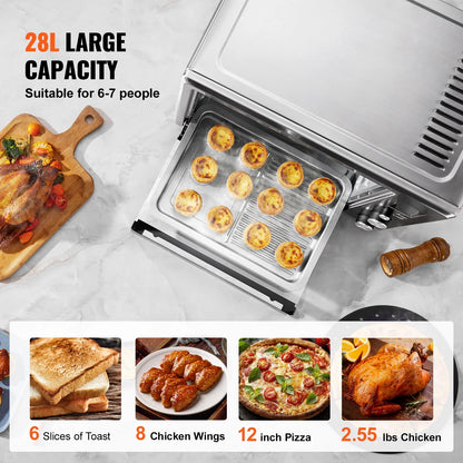 KFFKFF 28L Multifunction Countertop Oven, 1800W, 4-Tier, Front Glass Door, Includes Trays, Wire Racks, Gloves for Home & Commercial