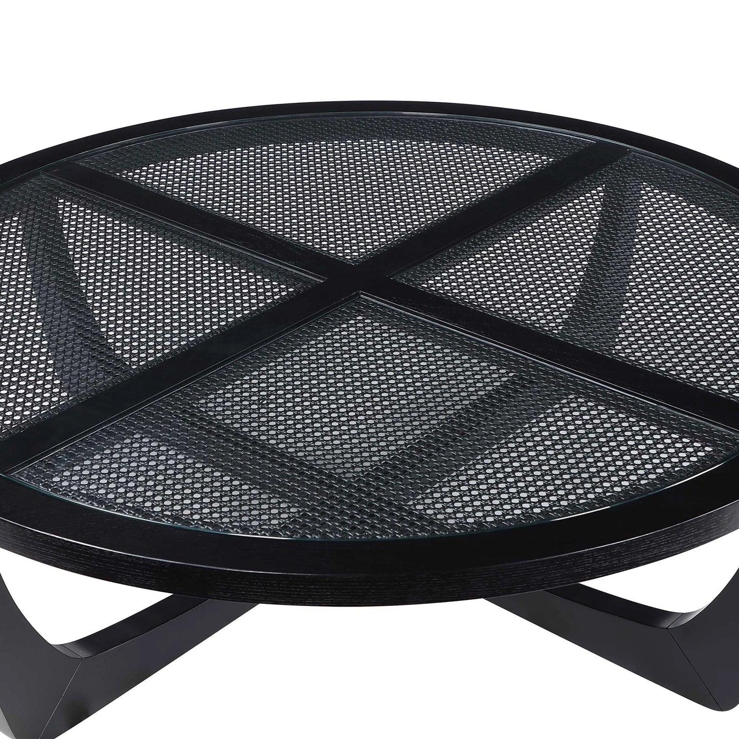 Beautiful by Drew Barrymore Round Rattan and Glass Top Coffee Table, Black