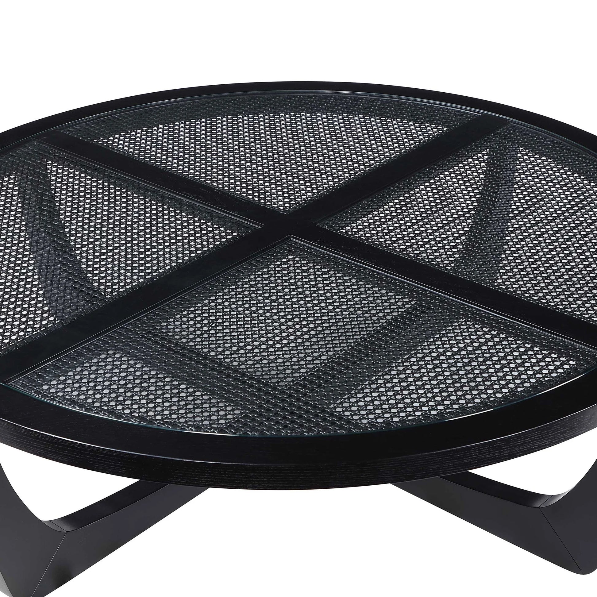 Beautiful by Drew Barrymore Round Rattan and Glass Top Coffee Table, Black