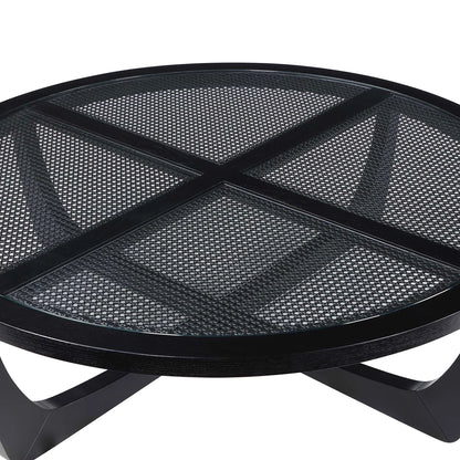 Beautiful by Drew Barrymore Round Rattan and Glass Top Coffee Table, Black