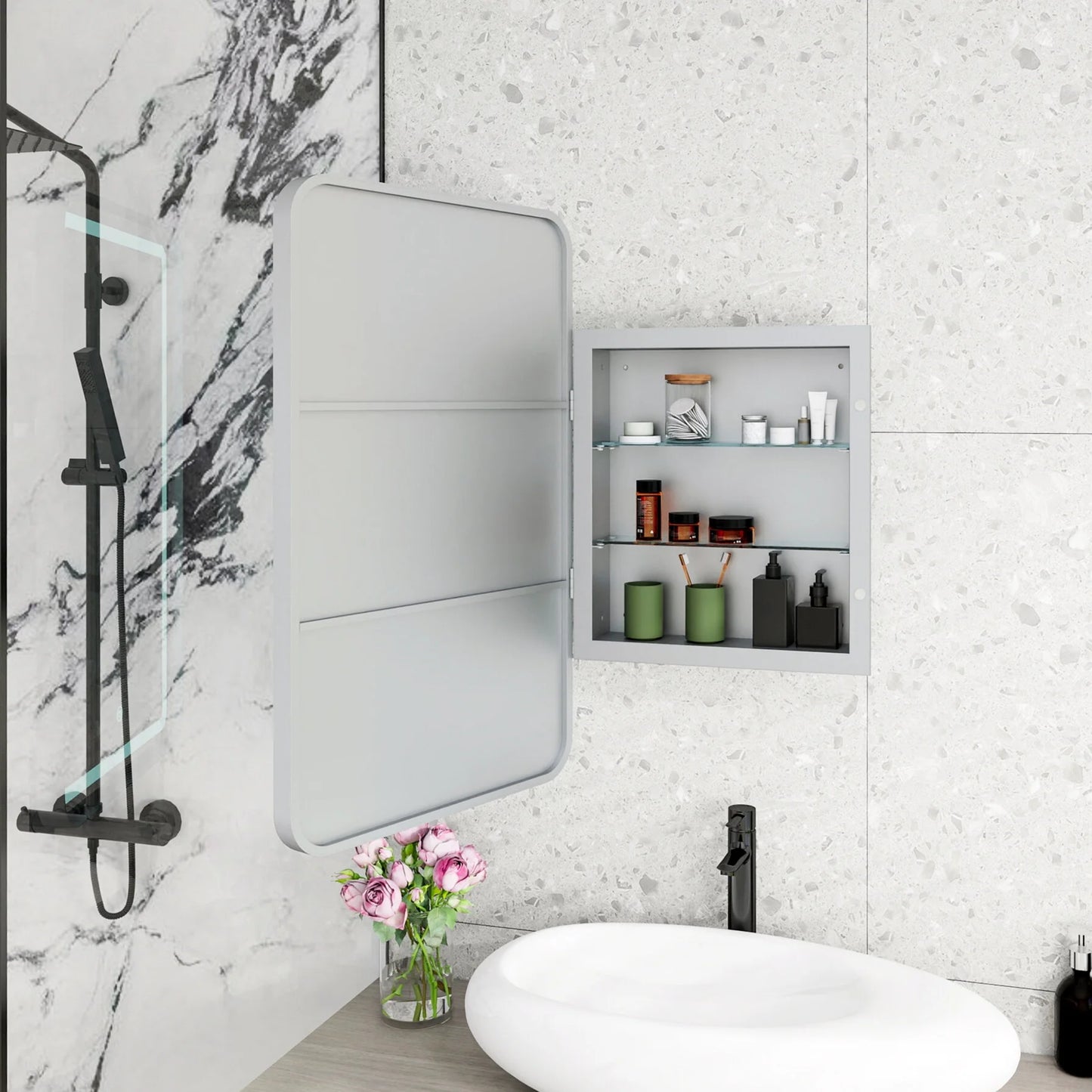 34-Inch Black Medicine Cabinet with Mirror, Wall-Mounted Bathroom Storage with Adjustable Glass Shelves & LED Lighting, Recessed or Surface Mount Design for Space-Saving Organization