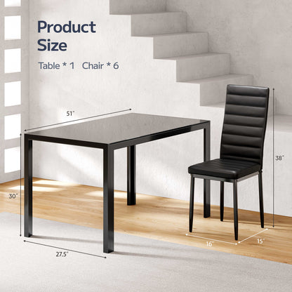 Asofer Modern 7 Piece Dining Table Sets for 6, Glass Kitchen Table, PU Leather Chair, Dining Room, Black