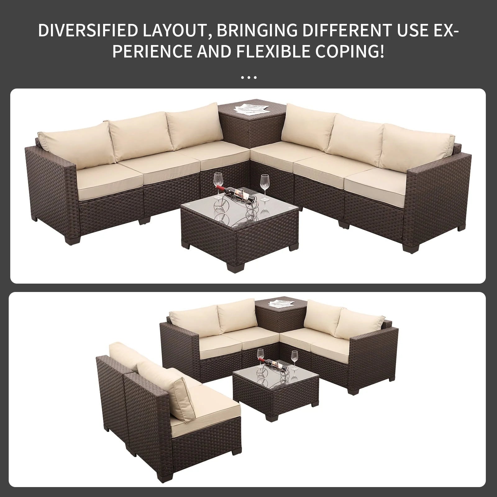 Waroom 6 Pieces Outdoor Furniture Patio Set with Storage Box,Glass Coffee Table,Khaki